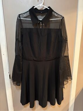 Sheer Sleeve Black Fit-and-Flare Dress with Collar - gothic, Halloween, witch,